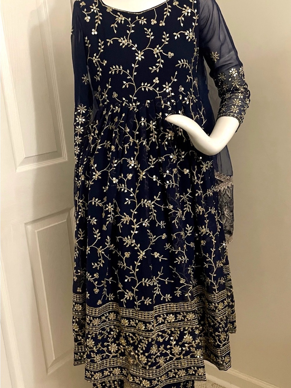 Navy Blue Long Sleeve Embroidered Evening Dress with Gold Accents